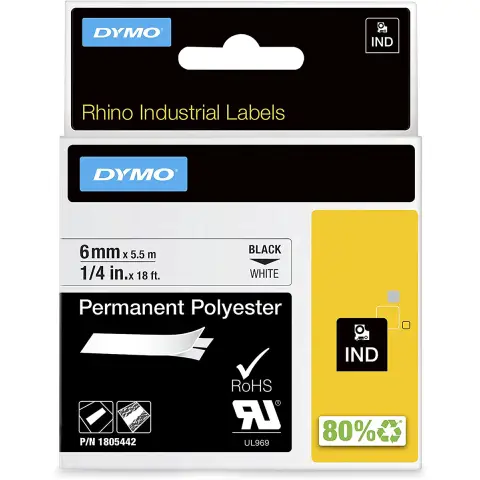 Dymo RHINO taĹ›ma poliestrowa trwaĹ‚a 6mm czarna na biaĹ‚ym